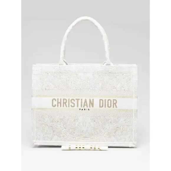 Christian Dior White/Gold Around the World Embroidered Canvas Medium Tote Bag - Picture 2 of 8